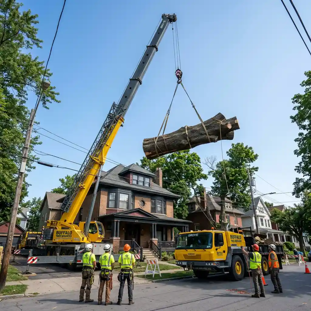 Emergency crane tree removal on a village lot