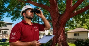 ISA certified arborist from Branch Specialists assessing large oak tree in Buffalo NY residential yard