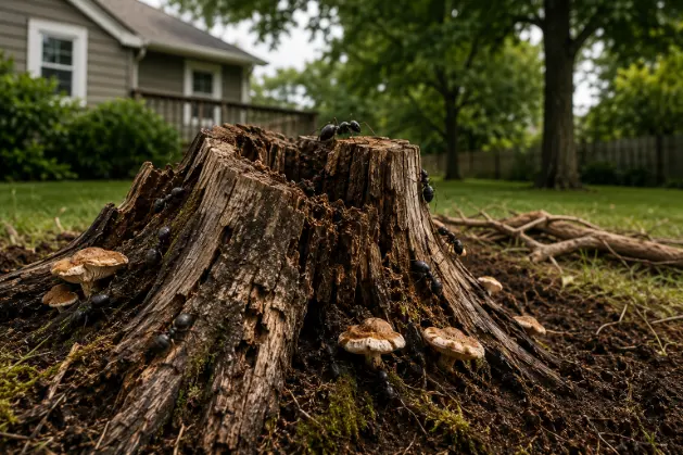 Large decaying tree stump with honey fungus mushrooms growing at base in Buffalo NY suburban backyard